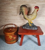 Country Decor Painted Firkin, Stool, Painted Rooster Doorstop