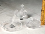 3 Lalique Crystal Paperweight Desk Ornaments and Small Trays