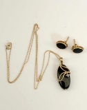 10k Yellow Gold Black Onyx Necklace with 14k Black Onyx Stud Earrings