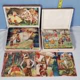 2 Vintage European Story Book Theme Block Puzzles in Wood Picture Box