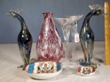 5 Art Glass Figures and Vases and 2 Austria Porcelain on Copper Art Bowls