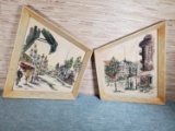 Pair of Mid Century Singed Renauld Watercolors in Trapezoid Shape Frames