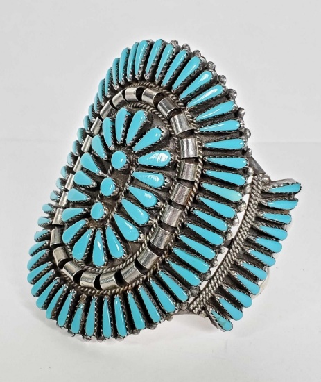 Vintage Zuni Needlepoint Sterling & Turquoise Cuff Bracelet