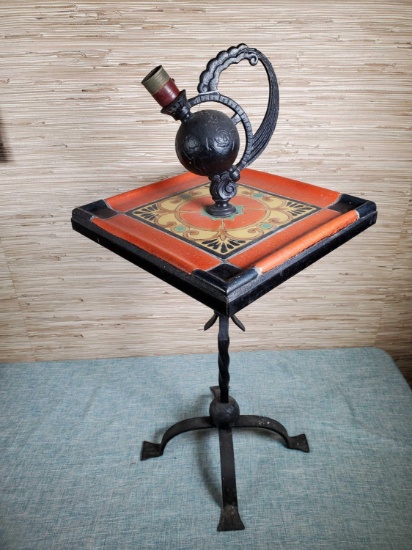 Catalina Style Wrought Iron Tile Top Table with Globe Lamp center handle