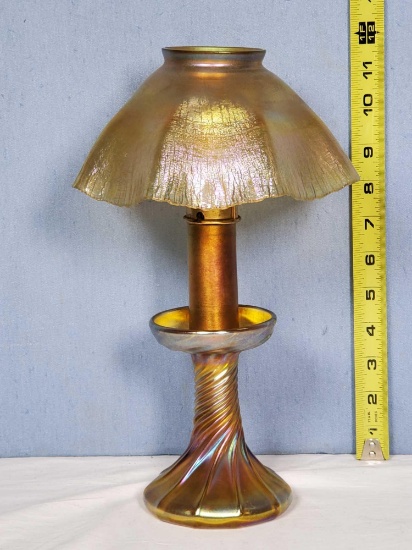 LCT Tiffany Studios Favrile Glass Candlestick Lamp With Original Shade, Circa 1910