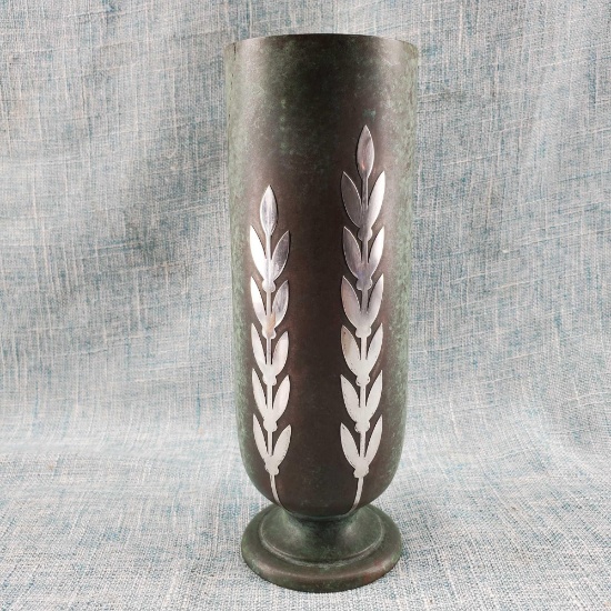 American Mission Arts & Crafts Smith Metal Arts Co. Silver Crest Bronze & Sterling Vase # 946