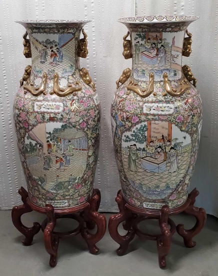 2 36" Chinese Rose Medallion Design Palace Vases on Floor Stands