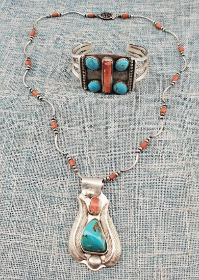 Native American Sterling Silver Turquoise & Red Coral Cuff Bracelet And Necklace