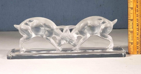 Lalique Crystal Deux Chevres/ Charging Rams Satin Finish Sculpture