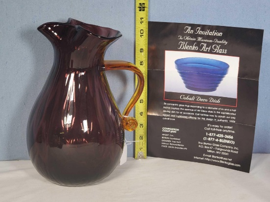 2001 Blenko Art Glass Rich Purple 11" Pitcher With Applied Amber Handle