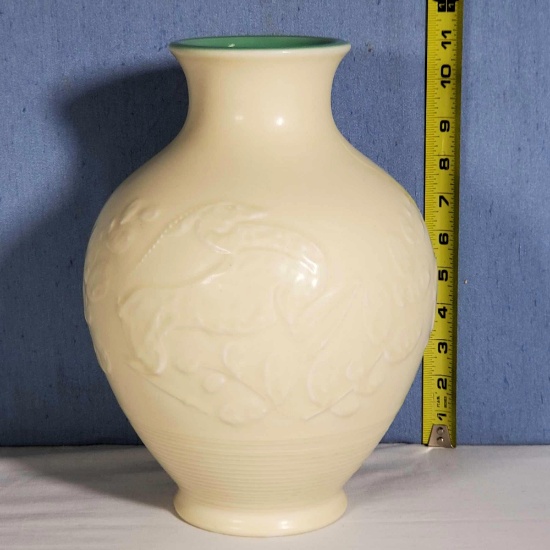 12" Rookwood 1929 Cream Glaze Vase with Embossed Leaping Gazelles #6051