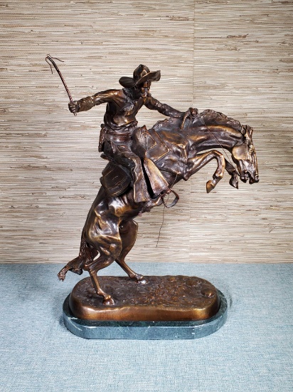 After Frederic Remington "Bronco Buster" Bronze Sculpture on Marble Base