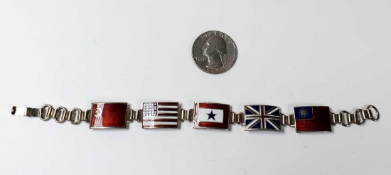 WWII Sterling Silver Enameled Flag Allies Bracelet