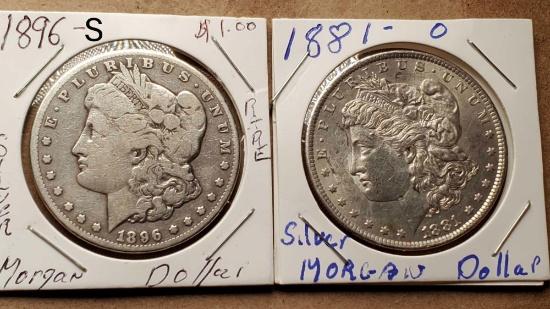 1896-S Scarce Date and 1881-O US Morgan Silver Dollars