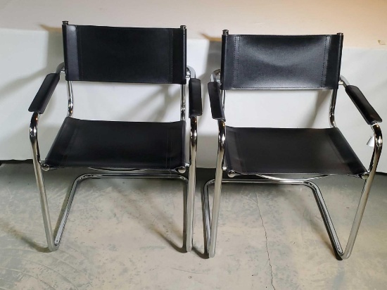 Pr of Mart Stam Design Black Leather and Tubular Chrome Chairs