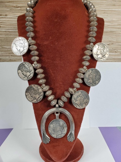 Native American Squash Blossom with 1920's Silver Peace Dollars & Mercury Dimes