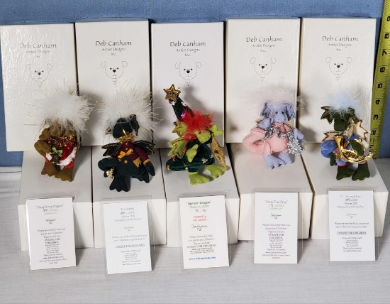 5 LE Deb Canham Artist Designs Dappled Dragons Ultra Suede Holiday Figurines With Boxes and Cards