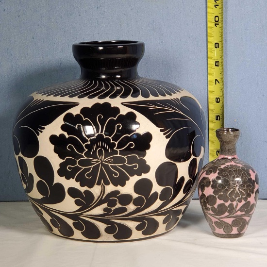 9 1/2' Sgraffito Black on White Pottery Vase and 5 1/4" Favor Vase