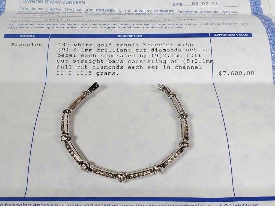 White 14k Gold Diamond Tennis Bracelet with $7,600 Appraisal