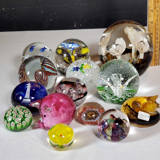 14 Art Glass Paperweights, Some Signed