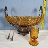 Amber EAPG Daisy and Button Boat Relish with SP Holders and Dolphin Footed Toothpick