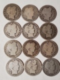 12 Barber Silver Half Dollars, All With Full Dates and Mint Marks