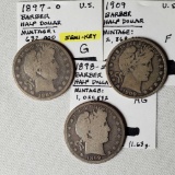 3 Semi Key and Scarce Barber Silver Half Dollars - 1897-O G, 1898-S AG and 1909 F