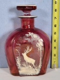 Mary Gregory Cranberry Flash Glass Decanter With Stopper And Elk & Trees Enameling