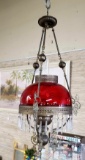 Hanging Antique Oil Lamp Chandelier with Red Glass Shade
