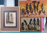 2 African Ethnic Batik and 1 South American Watercolor Paintings