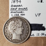 1894 Barber Silver Half Dollar VF - 1,148,000 Orig. Mintage