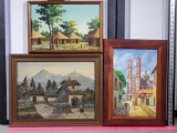 3 South America and African Village Landscape Oil On Canvas Paintings