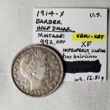 1914-S Semi Key Barber Silver Half Dollar XF - 992,900 orig mintage