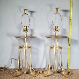 Unusual Pair of Epergnette Glass Vase Form Lamps in Artsy Brass Holders