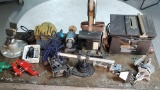 Lot Of 7 Adj. Vices, Mini Table Saw, Mini Bench Grinder, Small Air Compressor And Mini Bench Sander