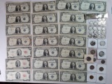 3 $2 Red Seal1963 Bills, 19 Varied $1 Silver Certificate Star Notes and Varied US Coins