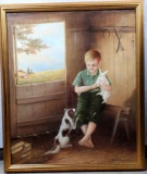 Sadie Ingals Valden Oil on Canvas of Boy with Rabbit and Dog