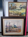2 Watercolor/ Gouache Landscape with Building Paintings
