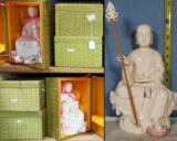 6 Yourbin Chinese Blanc de Chine Monk/ Buddha Figures with Staffs in Satin Lined Storage