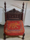 Fancy Carved Back Antique Meditation Chair With Elephant Pillow