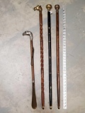 3 Figural Metal Finial Canes and Horn End Long Handled Shoe horn