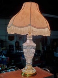 Fancy Crystal Base Table Lamp with Ribbed Bell Form Fringed Shade