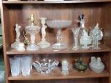 2 Shelves of EAPG and Other Art Glass and Crystal