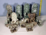 10 Mixed Size Marbled Green Soapstone Foo Dogs and 3 Hardstone Horses