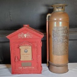Antique Gamewell Co Fire Alarm Station Box and Badgers Copper Cased Fire Extingquisher