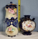 3 Pcs Antique Asian Flow Blue Porcelain Vases and Jars