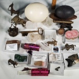 Tray Lot of Crystal and Mineral Specimens, Sand Cast Antique Indian Brass Animals and More