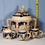 Marzi and Remi German Castle Theme Cider Pot with Lid and 5 Short Stein Mugs