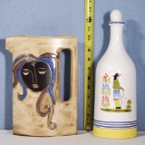 MCM Art Pottery Pitcher and Italy Quimper Style Decanter