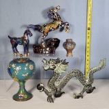 4 Pcs Cloisonne (2 Horse Figures, Vase and Jar) Plus Bronze Dragon Sculpture